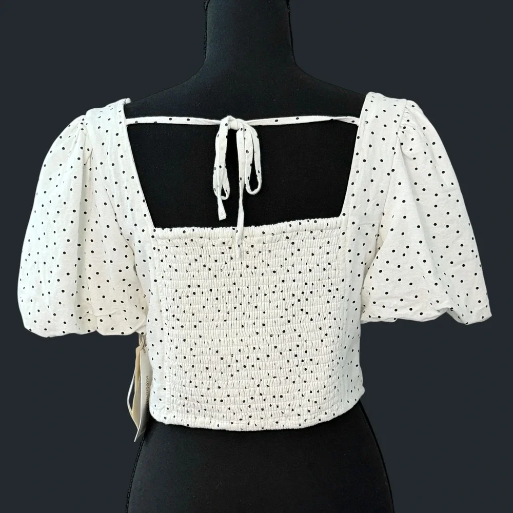 Midnight Sky Polka Dot Crop Top Womens Small Puff Sleeve Linen Coquette Milkmaid - Picture 3 of 7